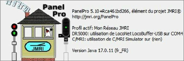 Capture d'écran montrant les versions de JMRI et de JAVA