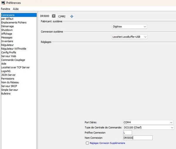 capture d'écran montrant comment ouvrir le menu de sélection de la centrale DCC