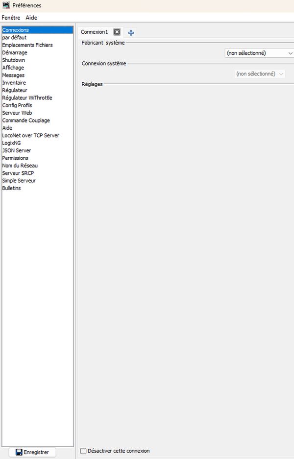 capture d'écran montrant la fenêtre de paramétrage des connexions de JMRI