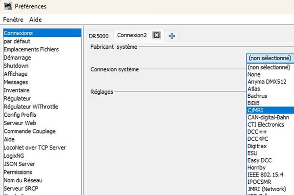 capture d'écran montrant l'ajout de l'interface C/MRI dans le menu Connexions de Panel Pro