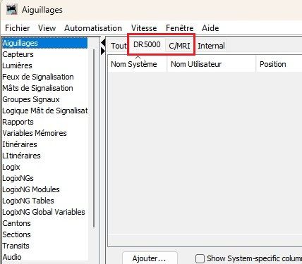 capture d'écran montrant l'ajout de la centrale etde l'interface CMRI  dans les onglets de  tableaux d'aiguillages