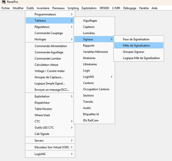 capture d'écran montrant comment ouvrir le menu Tableau des Mâts de Signalisation