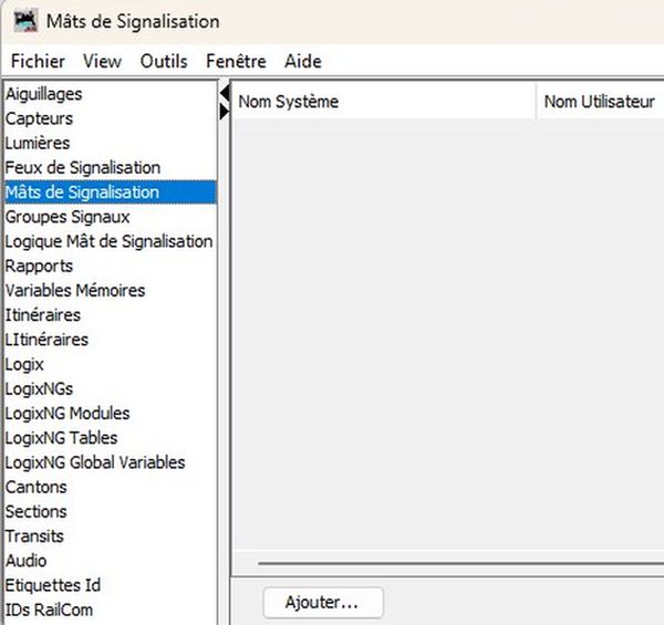 Capture d'écran montrant le tableau des Mâts de Signalisation